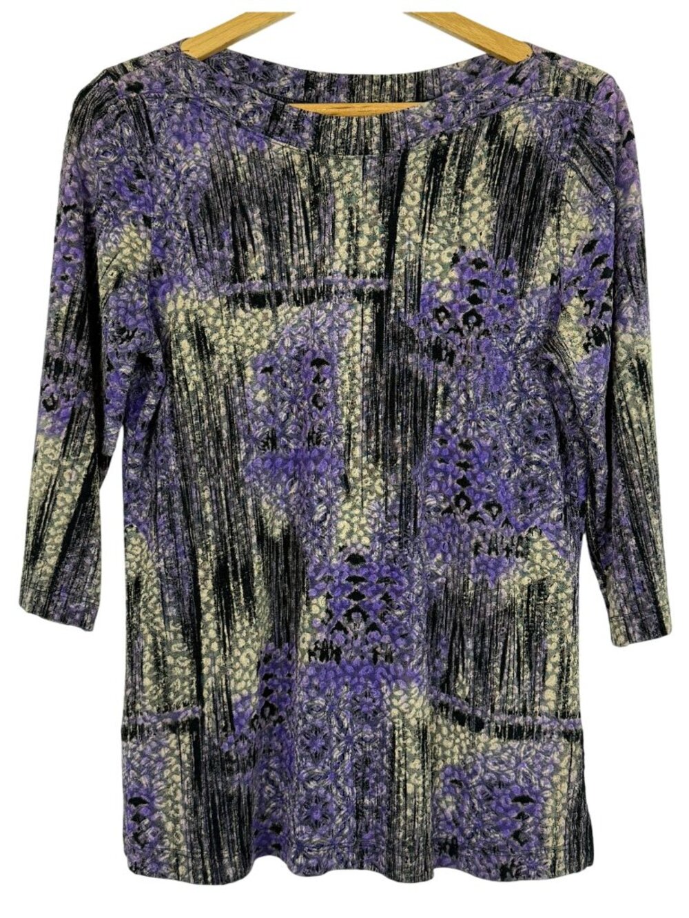 Christopher & Banks Crinkle Purple Abstract Top Sz Large 3/4 Sleeve Boat Neck